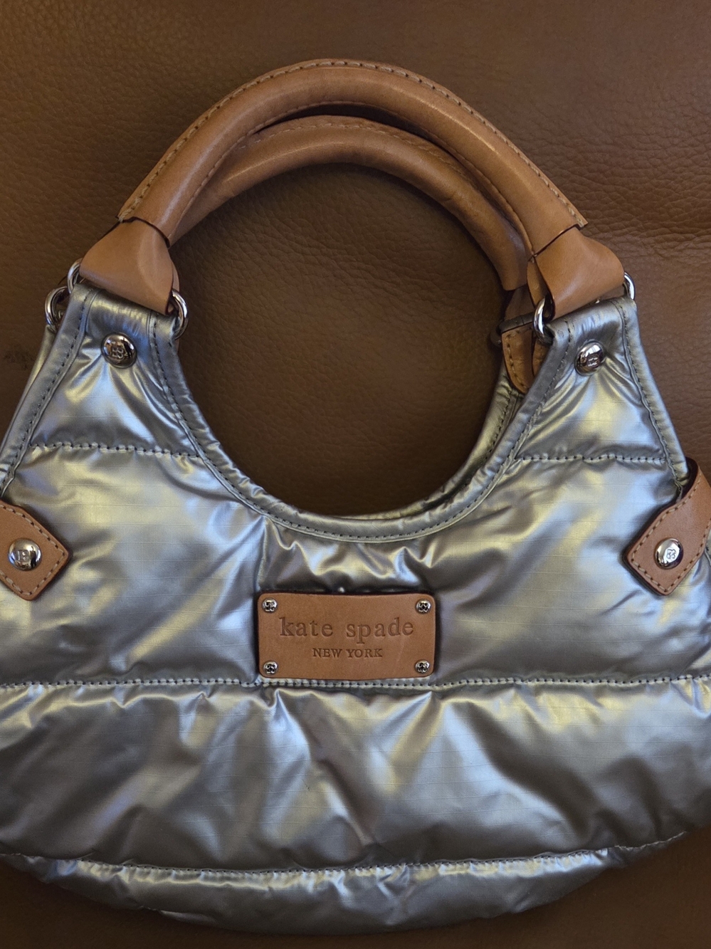 Vintage Y2K Kate Spade Metallic Silver Quilted Puffer Satchel Bag